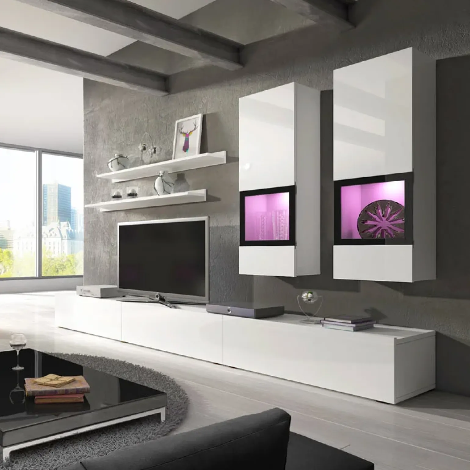 Parete attrezzata 270x176h cm soggiorno bianco nero Emotion Gihome®
