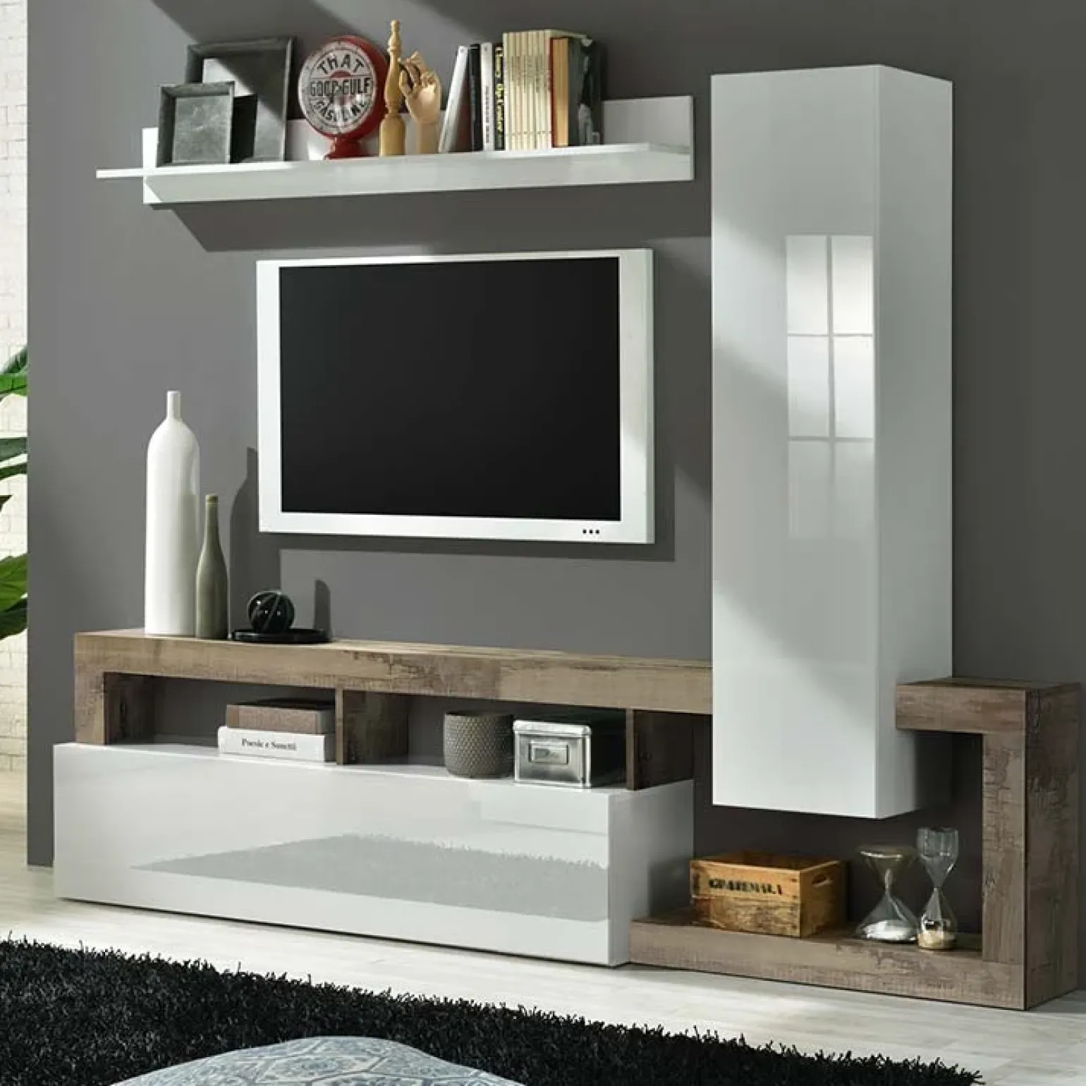 Parete attrezzata 219x200h cm soggiorno bianco lucido pero Invictus 2