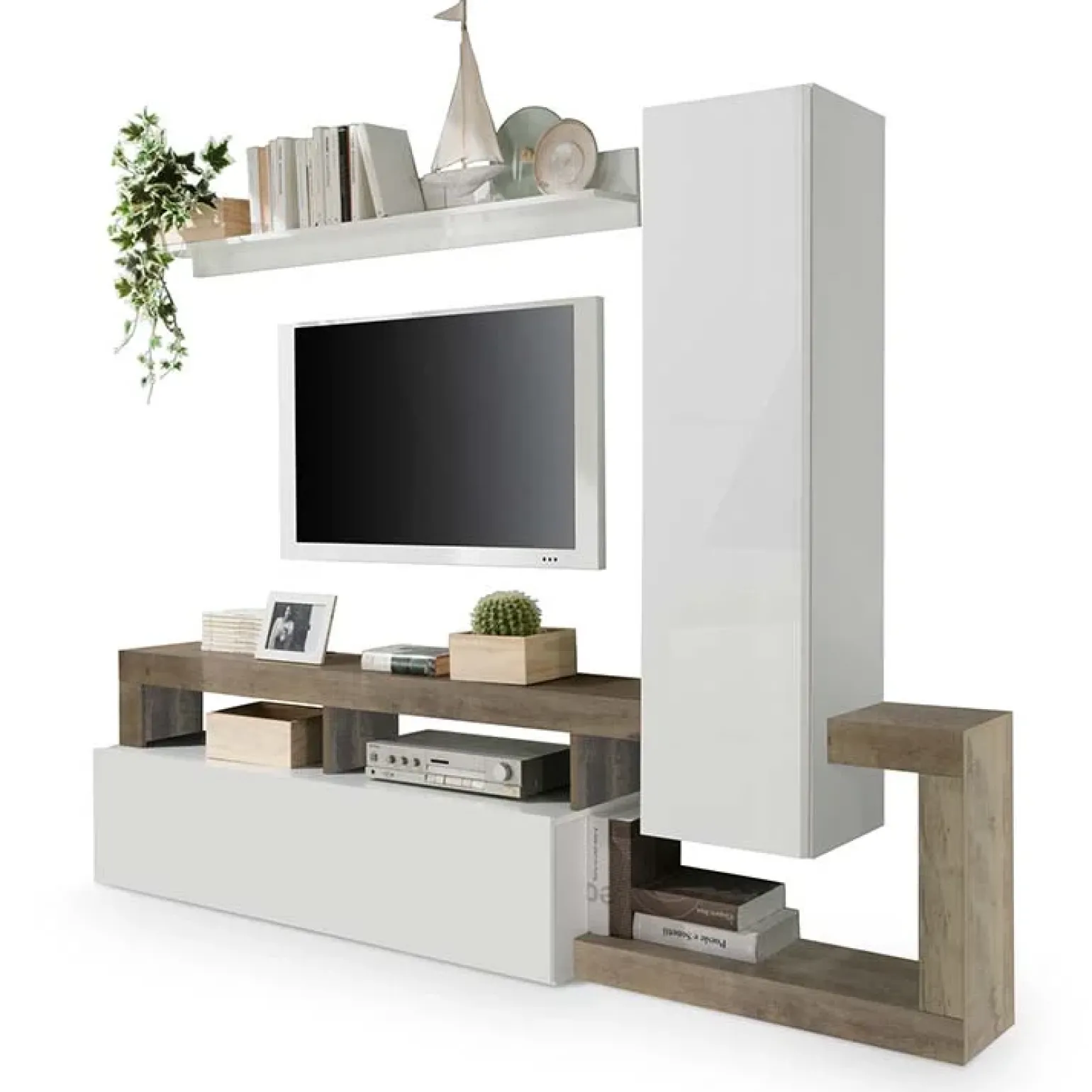 Parete attrezzata 219x200h cm soggiorno bianco lucido pero Invictus 2