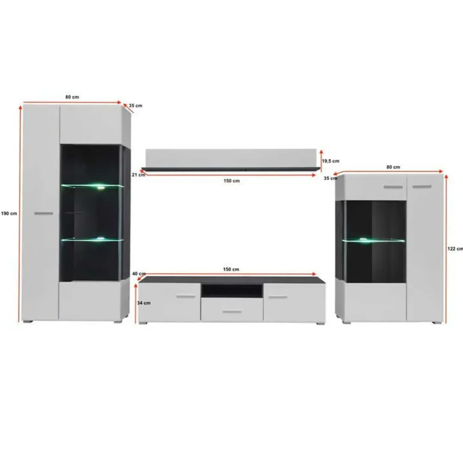 Parete attrezzata 310x190h cm soggiorno bianco lucido pino nero York Gihome®