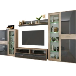 Parete attrezzata 390x201h cm soggiorno rovere grigio lucido Diran