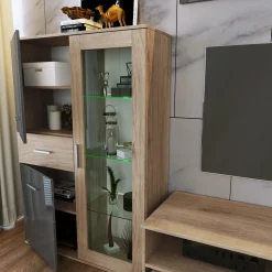 Parete attrezzata 390x201h cm soggiorno rovere grigio lucido Diran