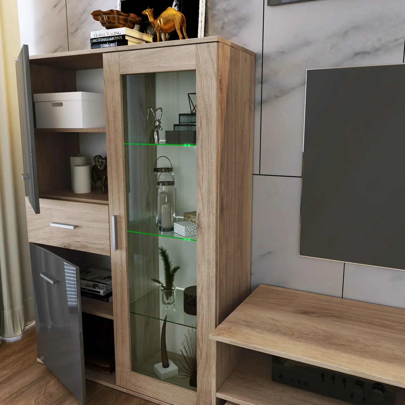 Parete attrezzata 390x201h cm soggiorno rovere grigio lucido Diran