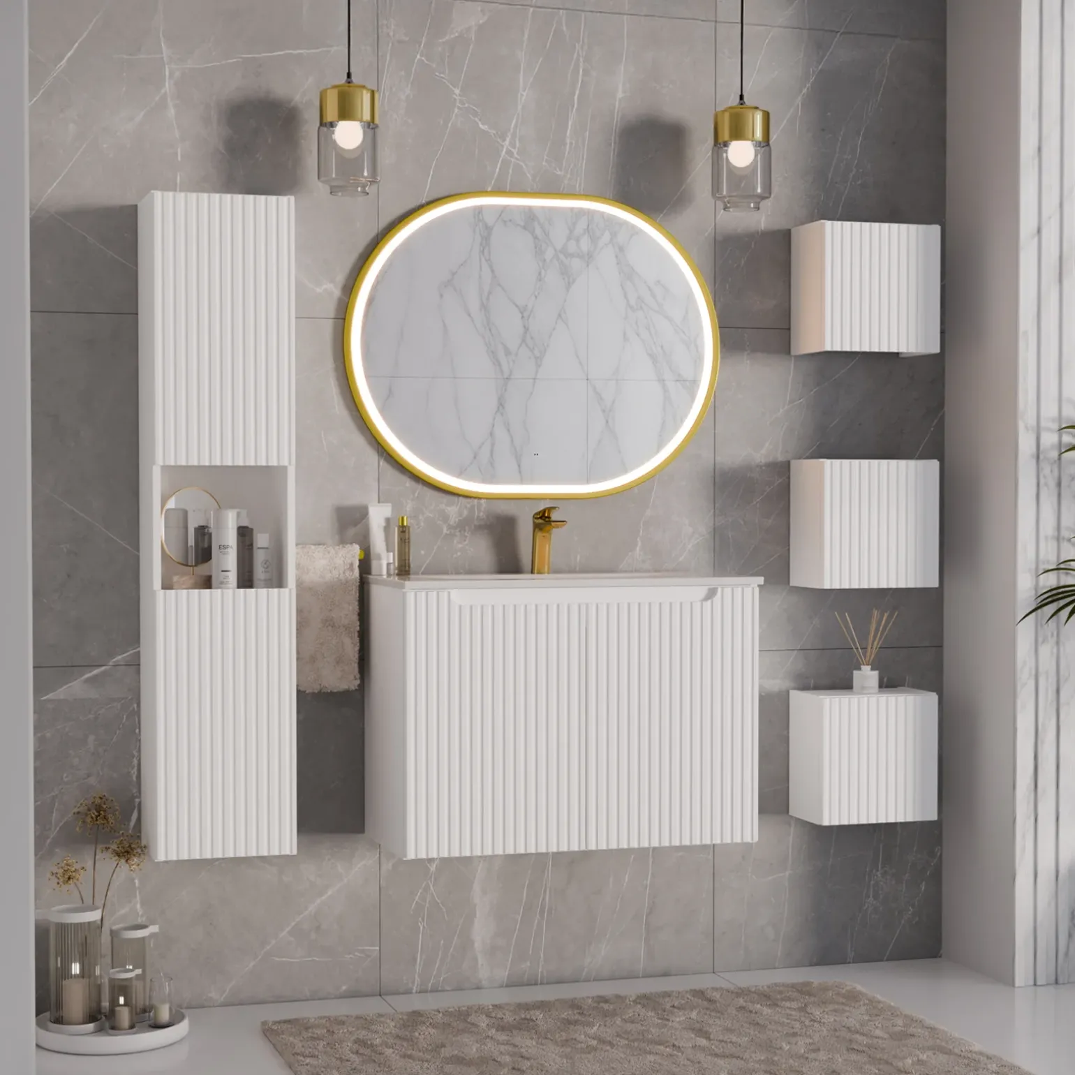 Pensile cubo bagno sospeso 30x30h cm cannettato 1 anta bianco Cleany
