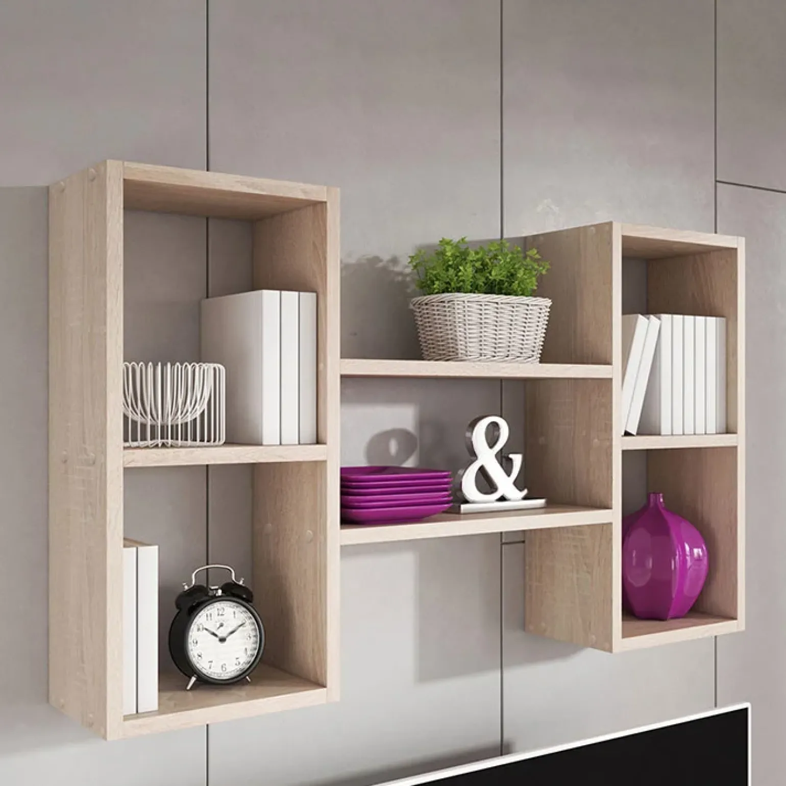 Pensile da parete 102x60h cm 5 vani moderna rovere chiaro Felicita