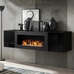 Pensile sospeso con biocamino 160x40h cm nero opaco e lucido Ignis Gihome®