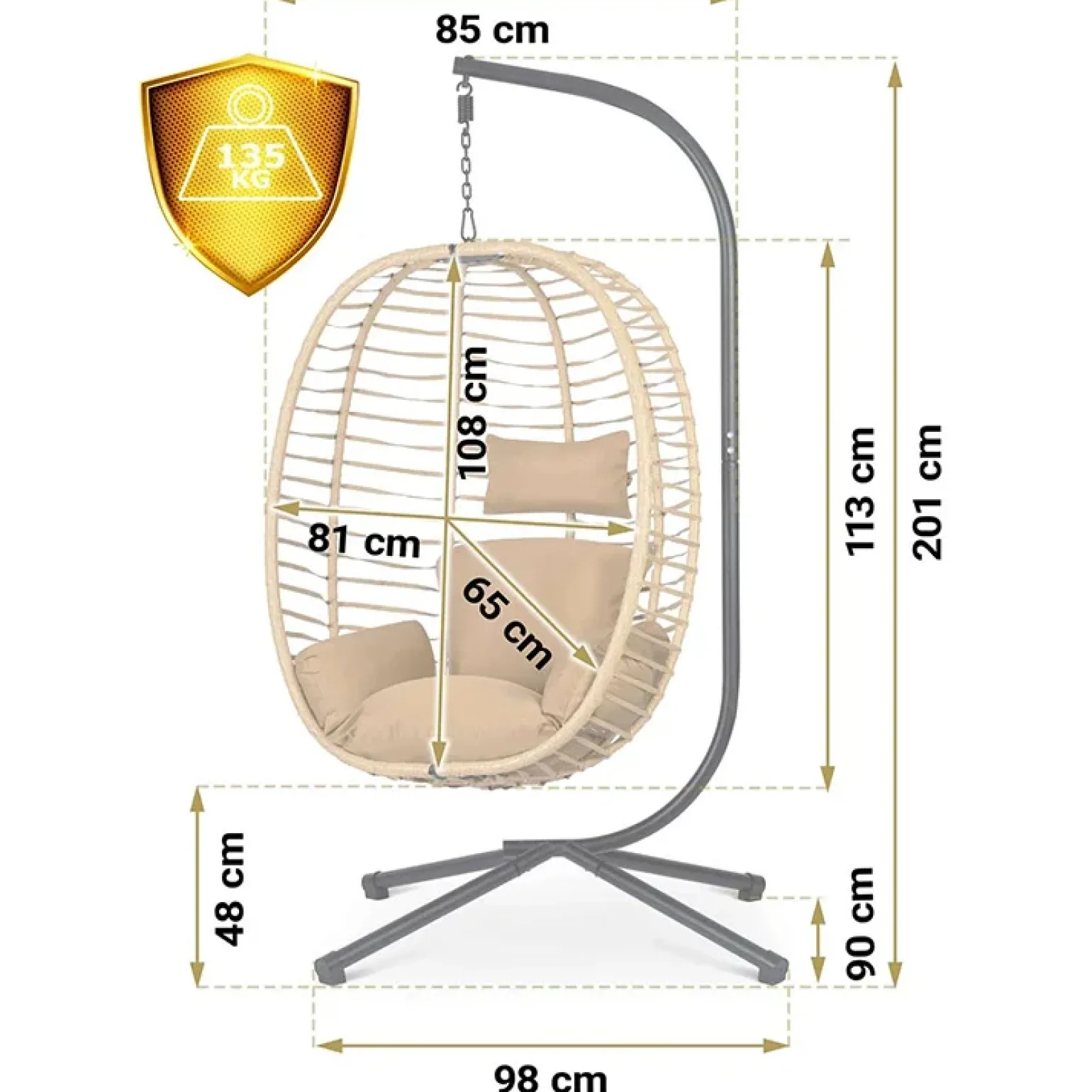 Poltrona da giardino a dondolo sospesa con cuscini beige Swing
