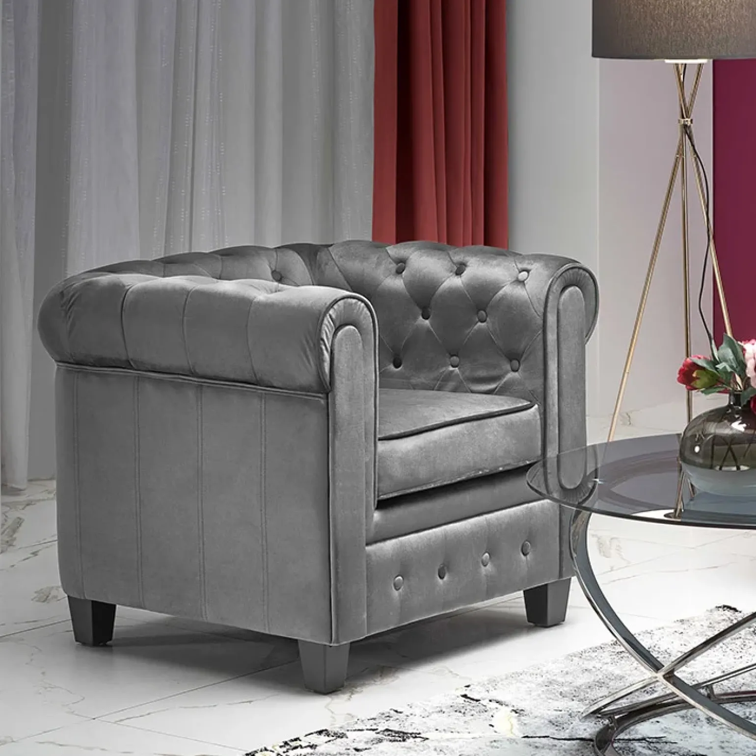 Poltrona da sala imbottita in velluto grigio nero Spina