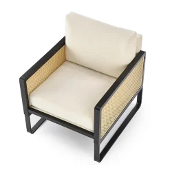 Poltrona design soggiorno in rattan naturale beige nero Niceto