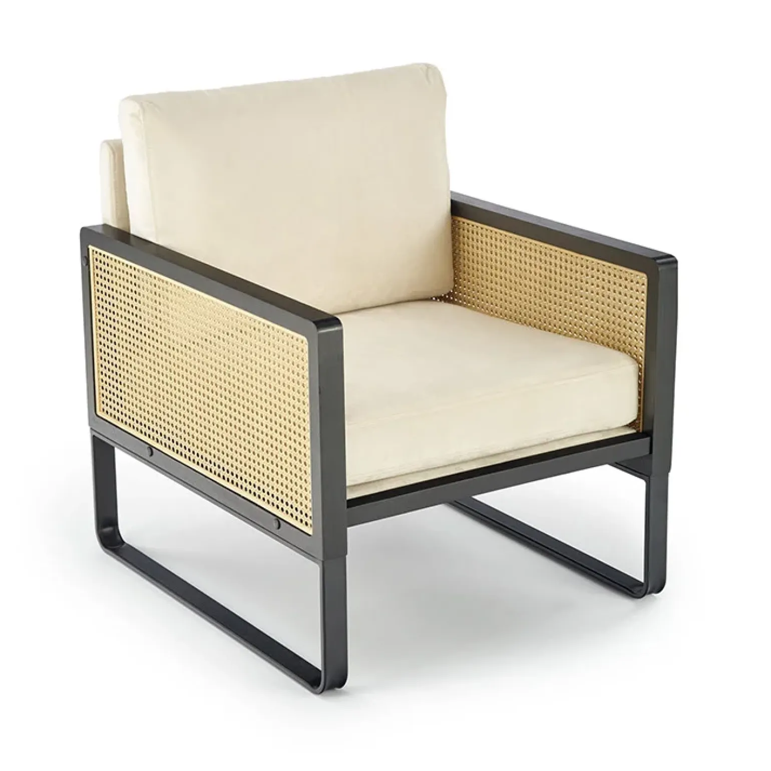 Poltrona design soggiorno in rattan naturale beige nero Niceto