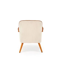 Poltrona moderna design in stoffa beige chiaro e gambe legno noce chiaro Bled