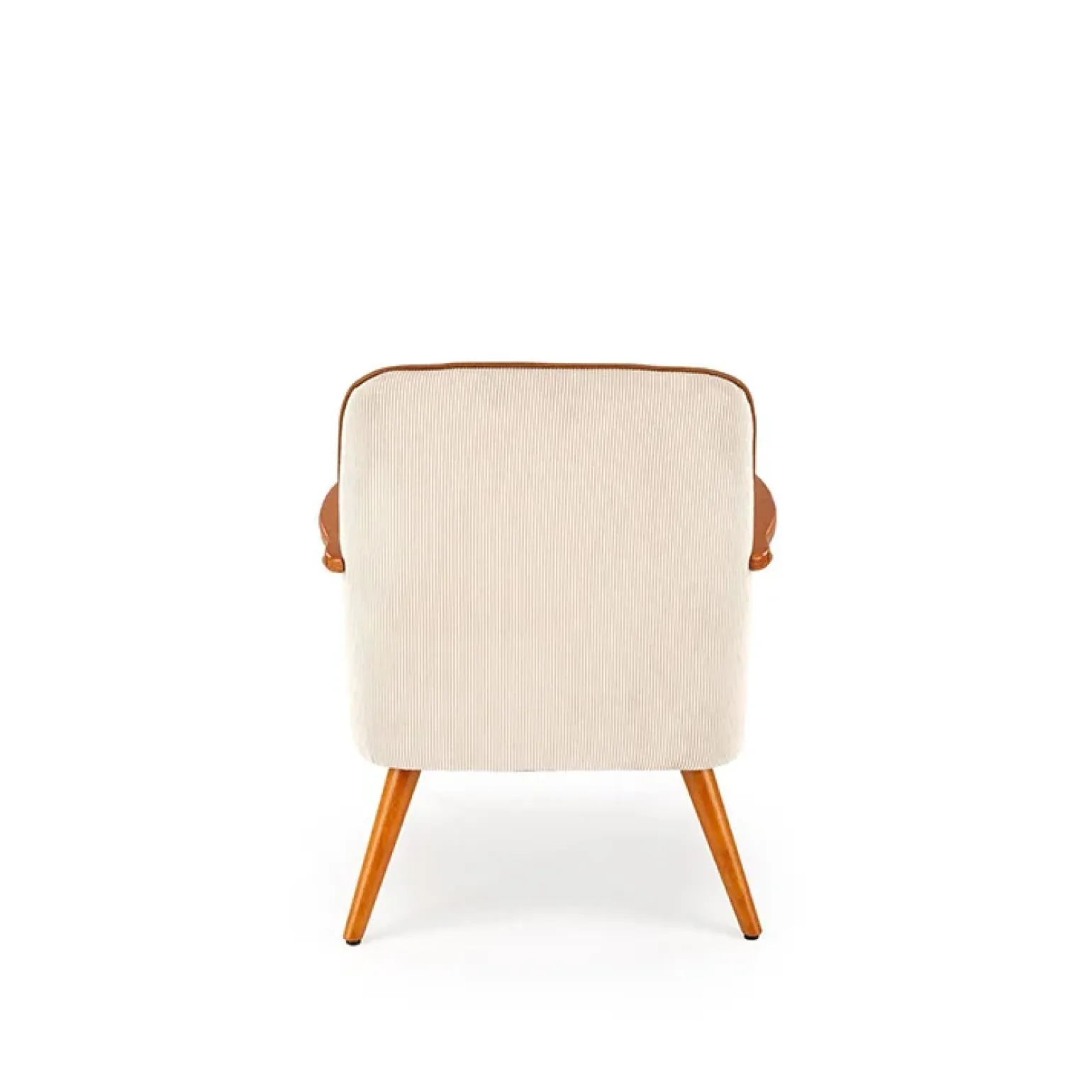 Poltrona moderna design in stoffa beige chiaro e gambe legno noce chiaro Bled