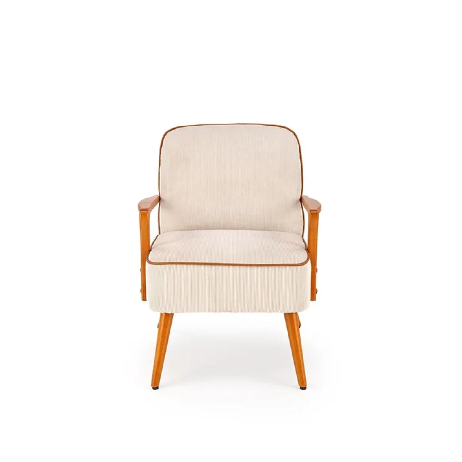 Poltrona moderna design in stoffa beige chiaro e gambe legno noce chiaro Bled