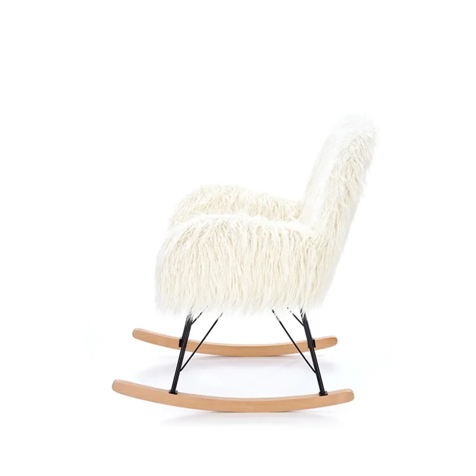 Poltrona sedia a dondolo design pelliccia bianco crema struttura legno metallo Winnipeg