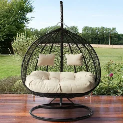 Poltrona sospesa 2 posti da giardino 120x200h cm nero con cuscini beige Ibisco