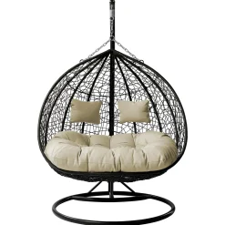 Poltrona sospesa 2 posti da giardino 120x200h cm nero con cuscini beige Ibisco