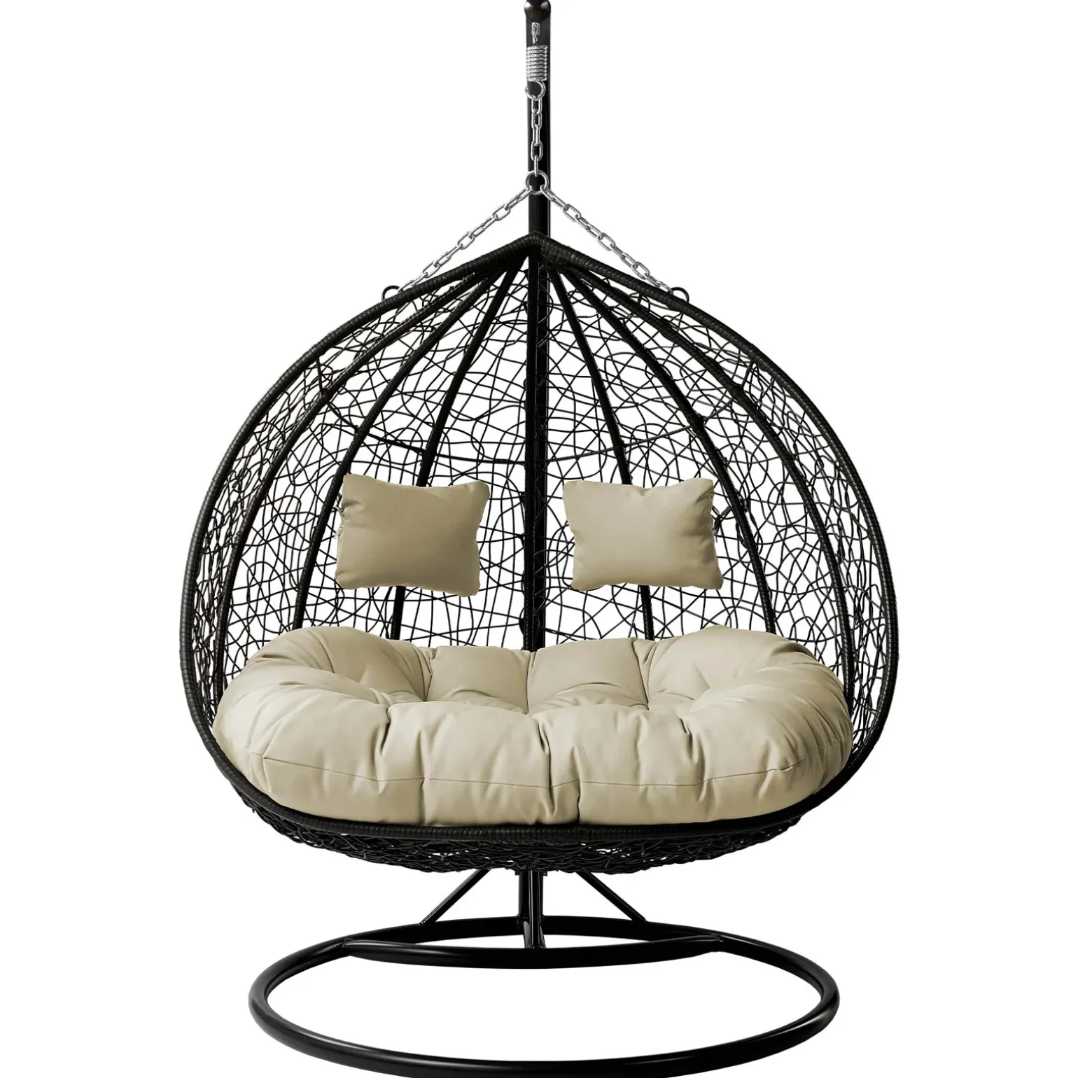 Poltrona sospesa 2 posti da giardino 120x200h cm nero con cuscini beige Ibisco