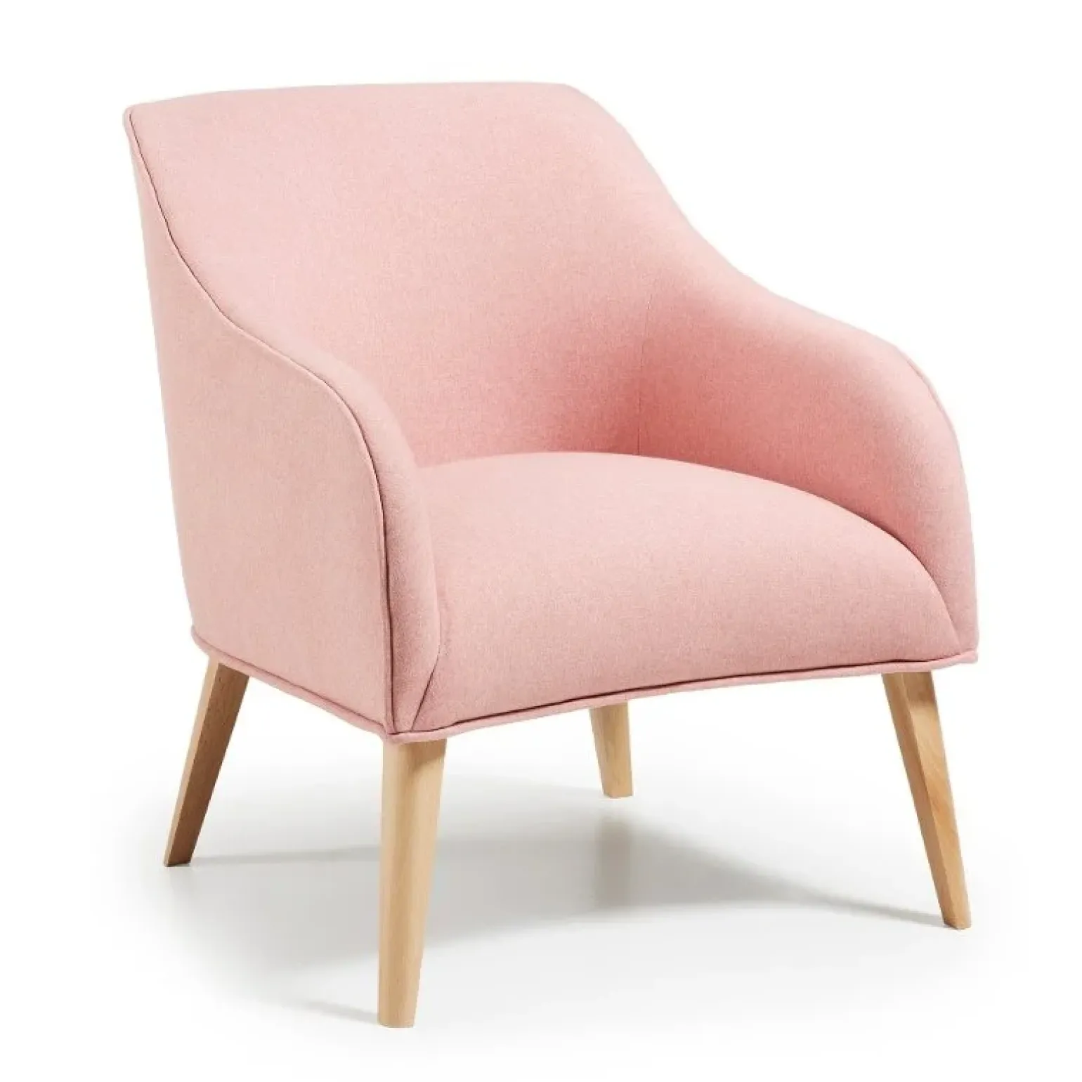 Poltroncina design in tessuto rosa con piedini rovere Bobly