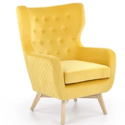 Poltroncina imbottita in velluto giallo legno naturale Seven