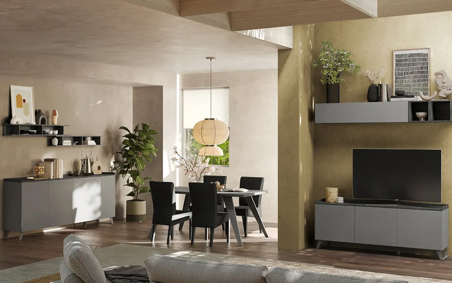 Porta TV 181x72h cm 3 ante grigio scuro antracite Jonson