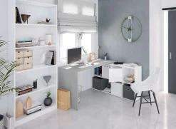 Scrivania 136/203cm ufficio multiposizione bianco opaco cemento Corner