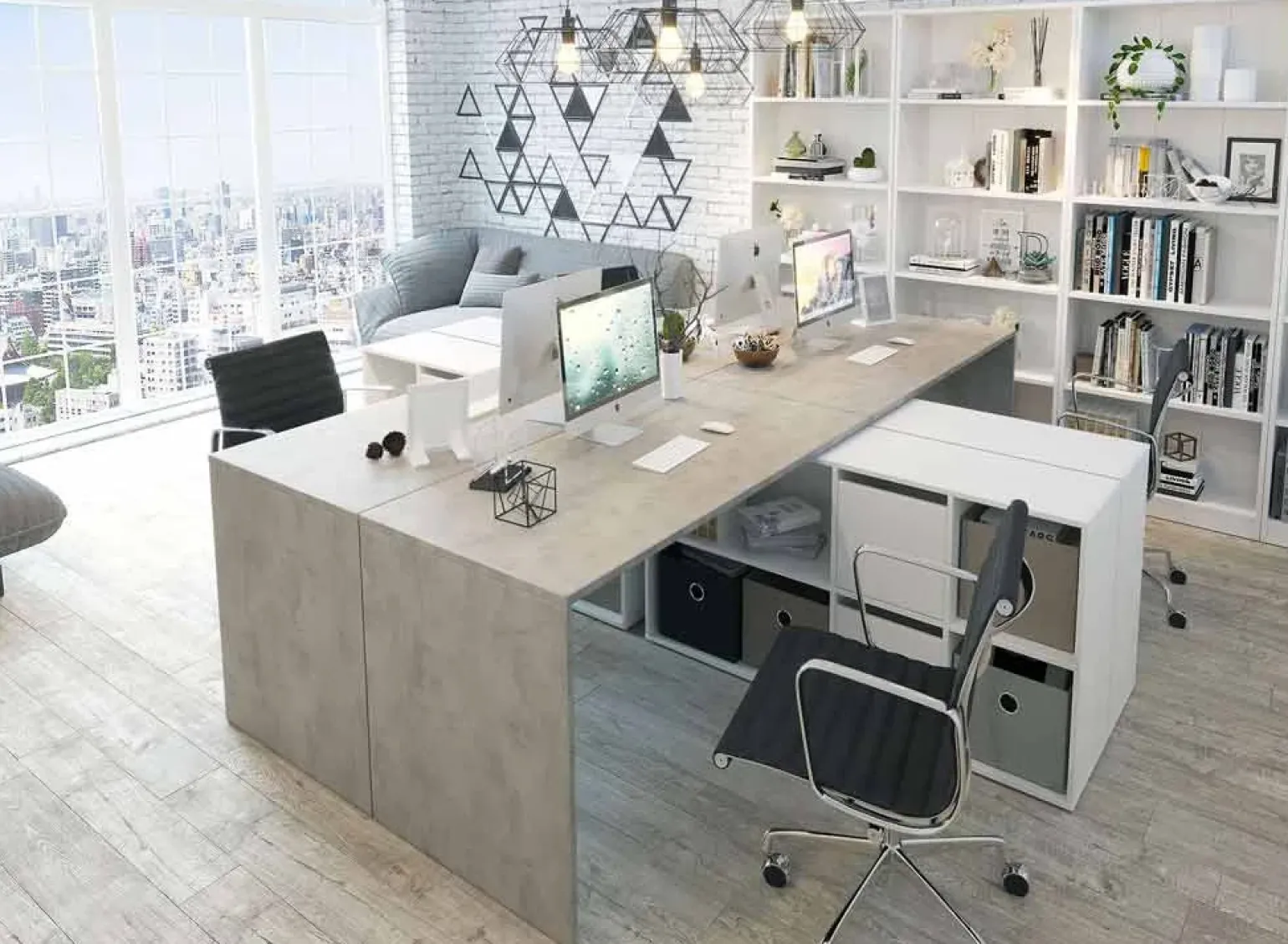 Scrivania 136/203cm ufficio multiposizione bianco opaco cemento Corner