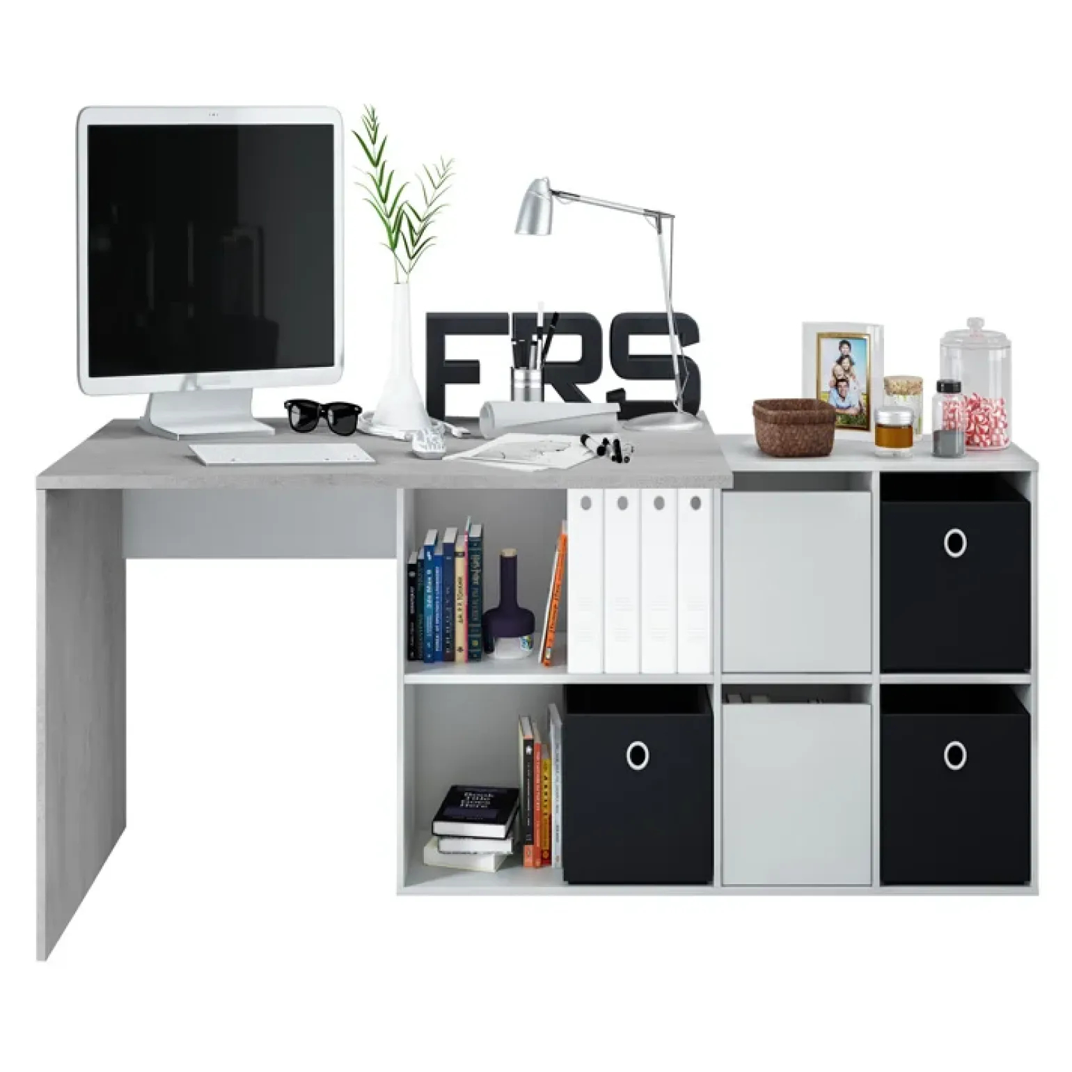 Scrivania 136/203cm ufficio multiposizione bianco opaco cemento Corner