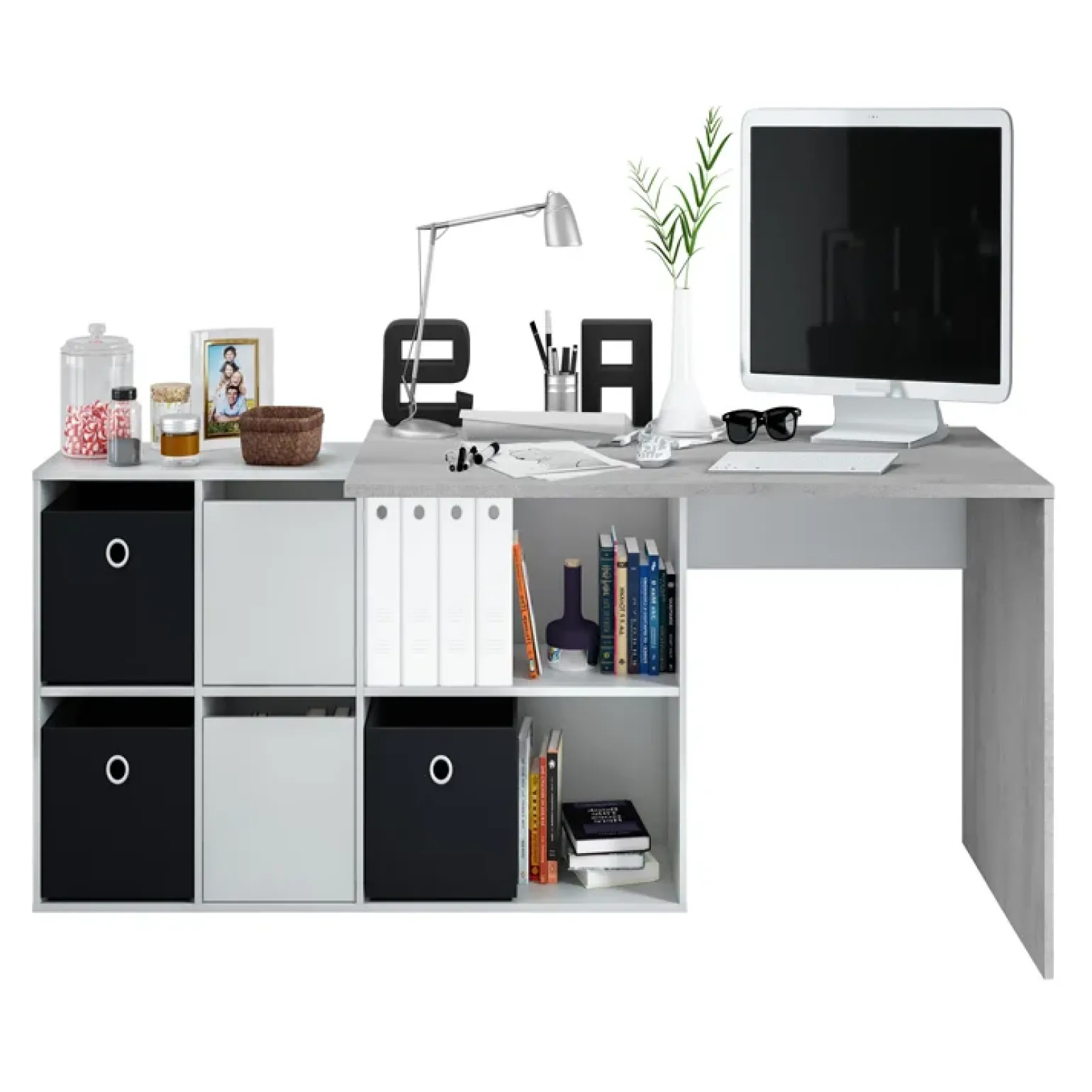 Scrivania 136/203cm ufficio multiposizione bianco opaco cemento Corner