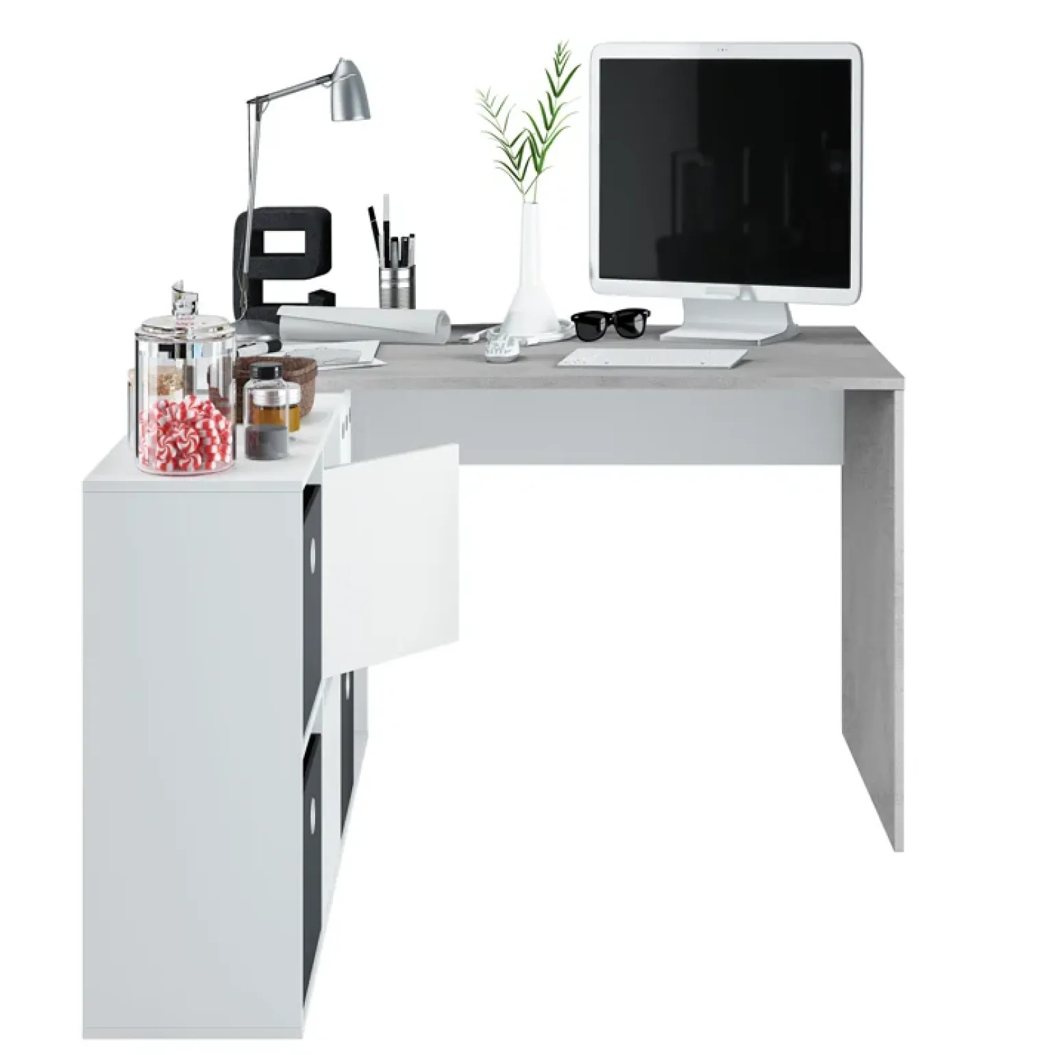 Scrivania 136/203cm ufficio multiposizione bianco opaco cemento Corner