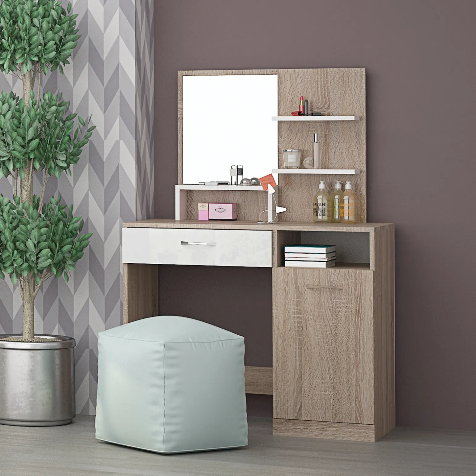 Scrivania moderna con specchio 90x38cm rovere bianco lucido Cesare