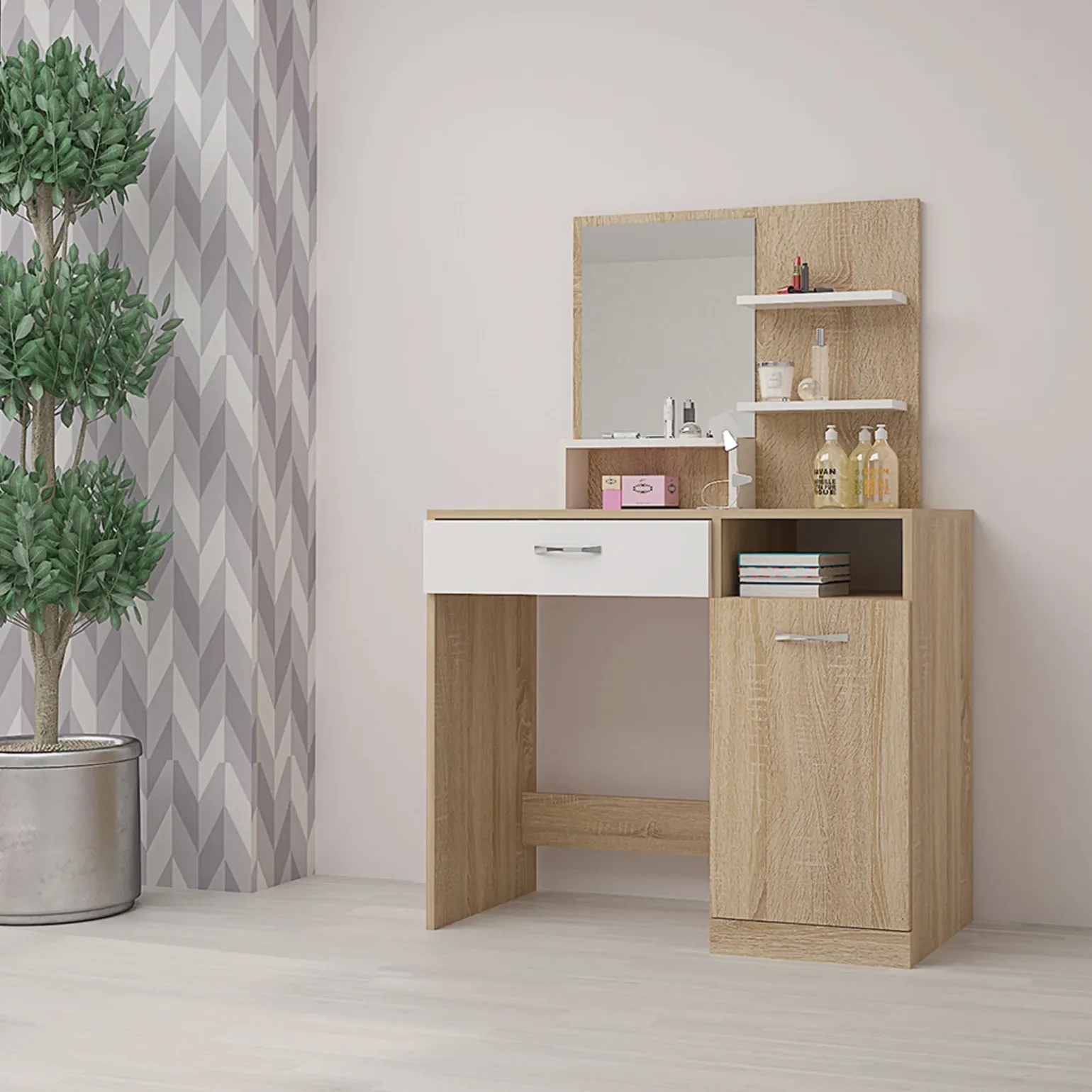Scrivania moderna con specchio 90x38cm rovere bianco lucido Cesare