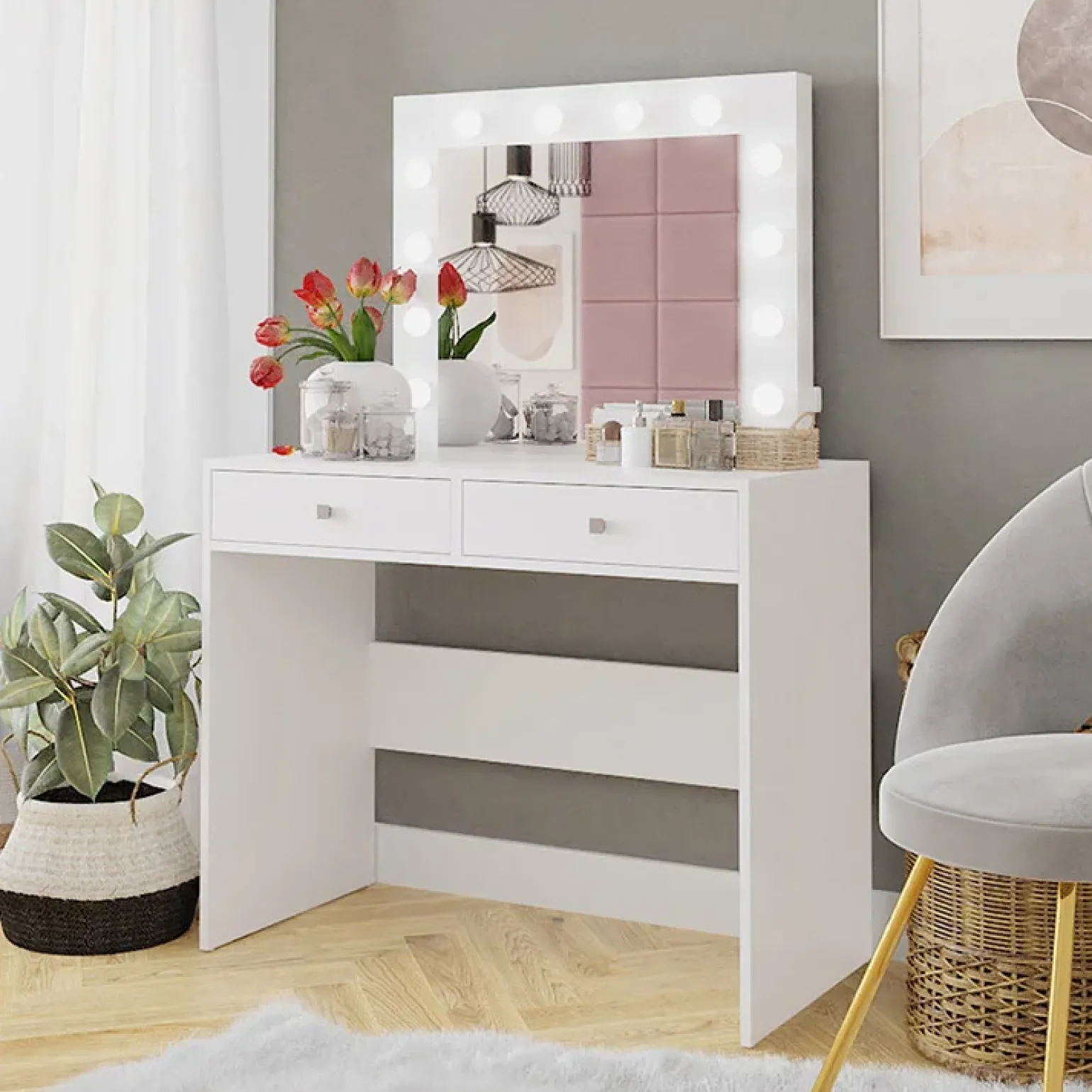 Scrivania postazione trucco 100x145cm con specchio bianco Dijon