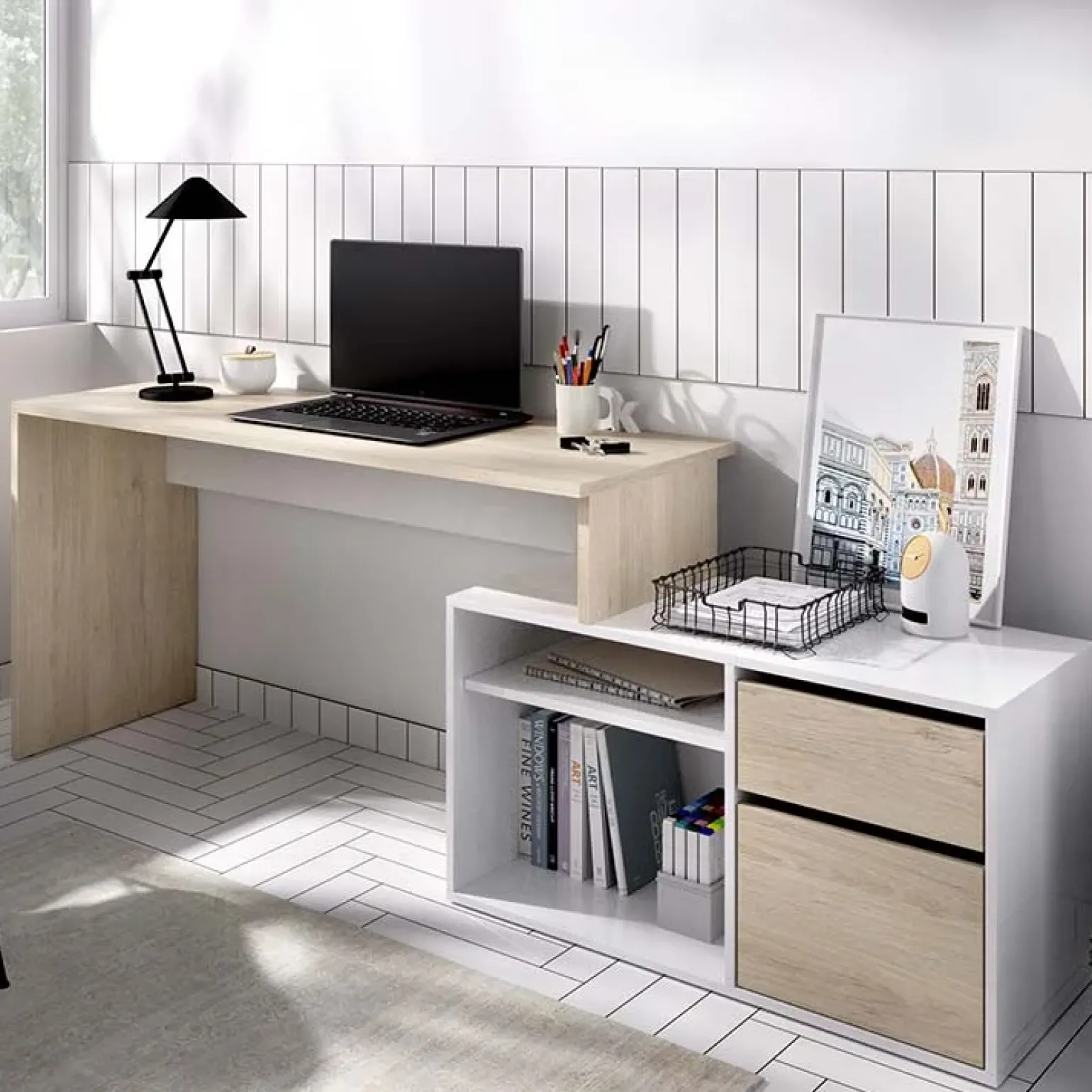 Scrivania ufficio salvaspazio 230x51cm rovere bianco lucido Teddy