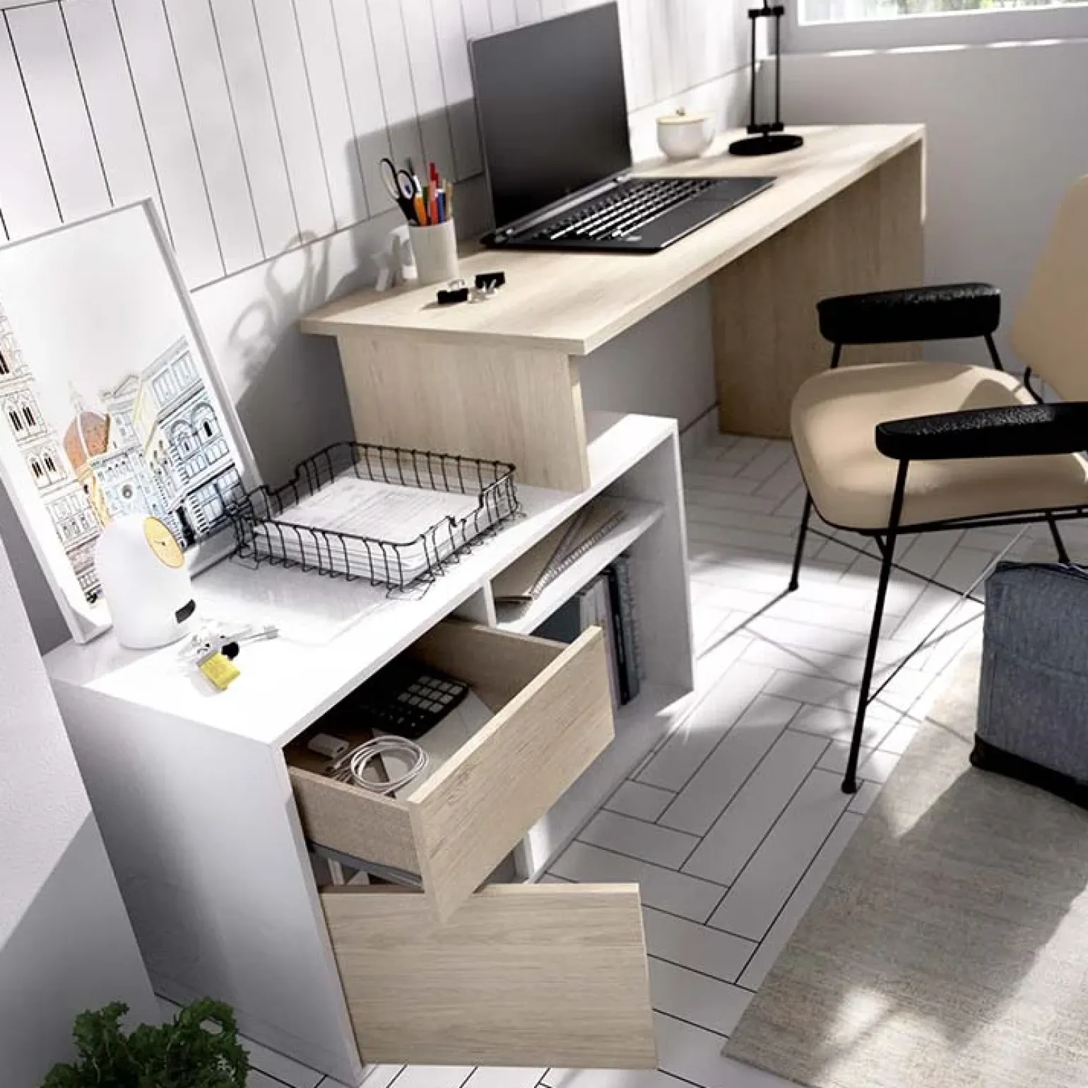 Scrivania ufficio salvaspazio 230x51cm rovere bianco lucido Teddy