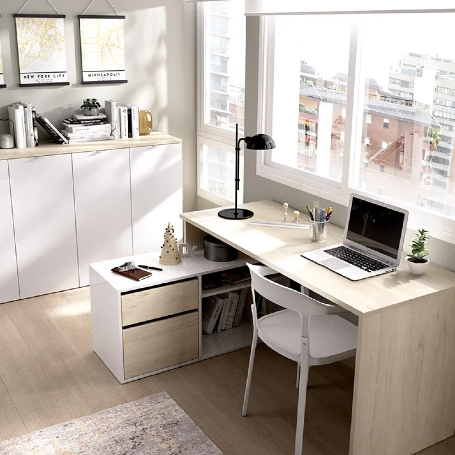 Scrivania ufficio salvaspazio 230x51cm rovere bianco lucido Teddy