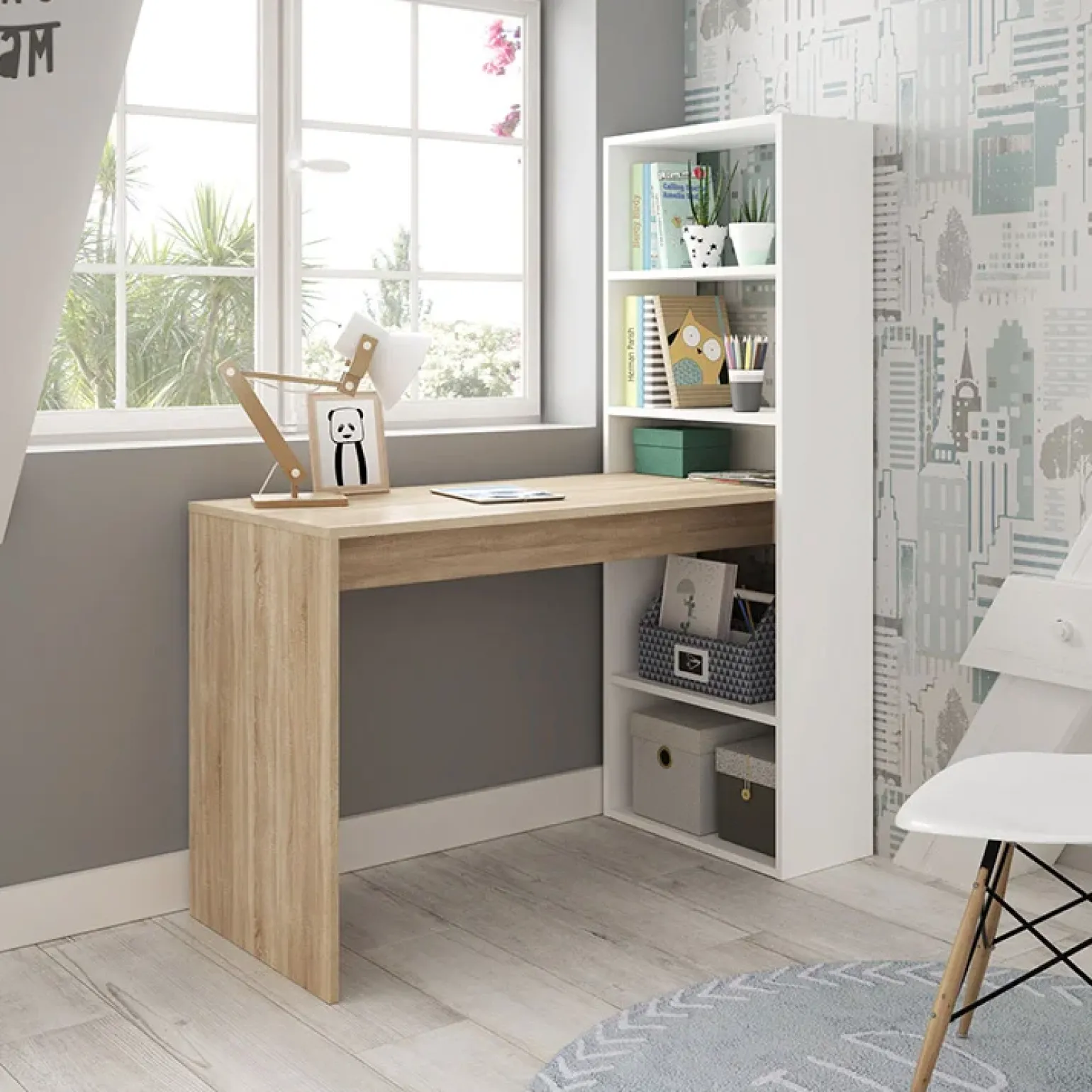 Scrivania ufficio salvaspazio moderna 120x144cm rovere bianco Jolie