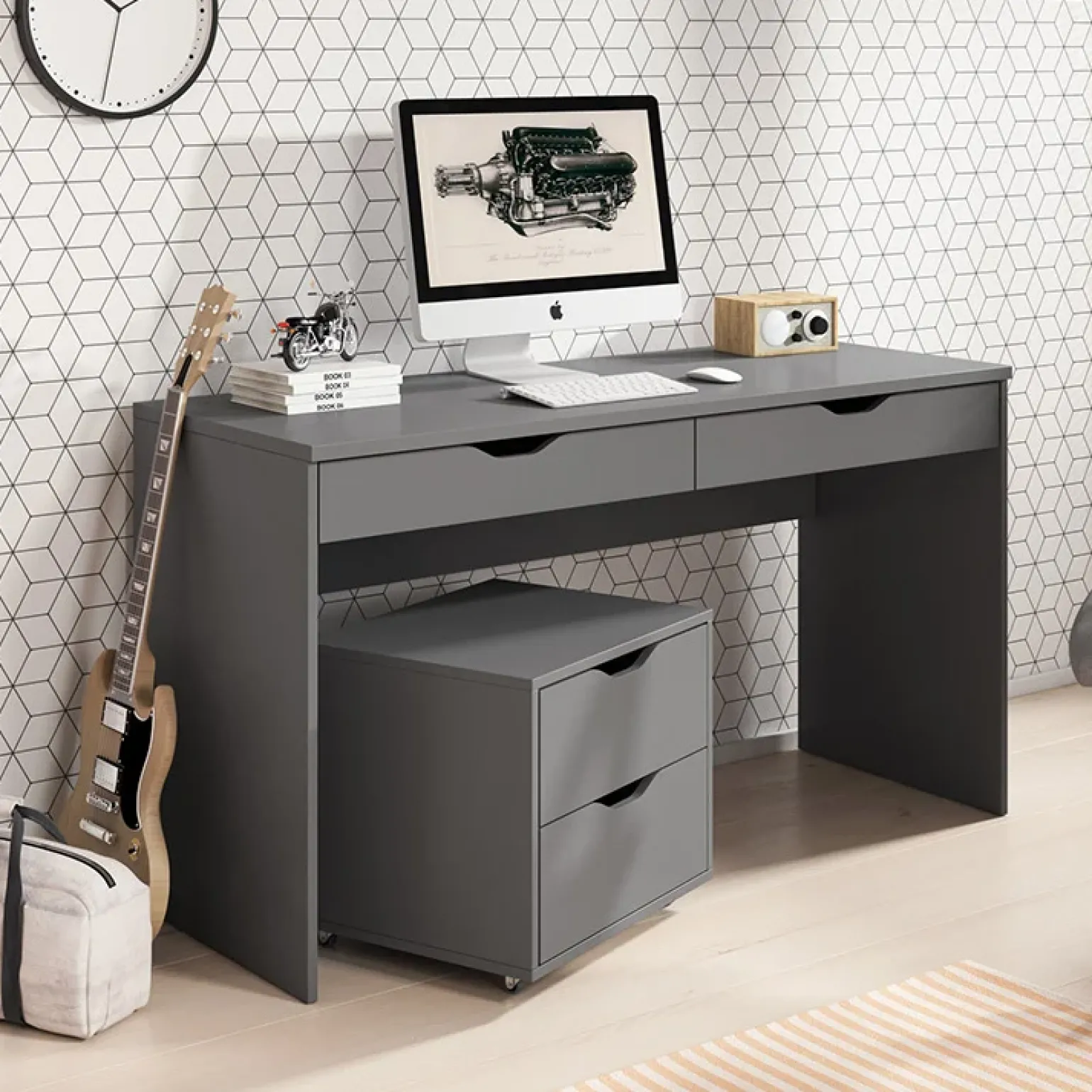 Scrivania ufficio 138x76cm con cassetti grigia Merlo