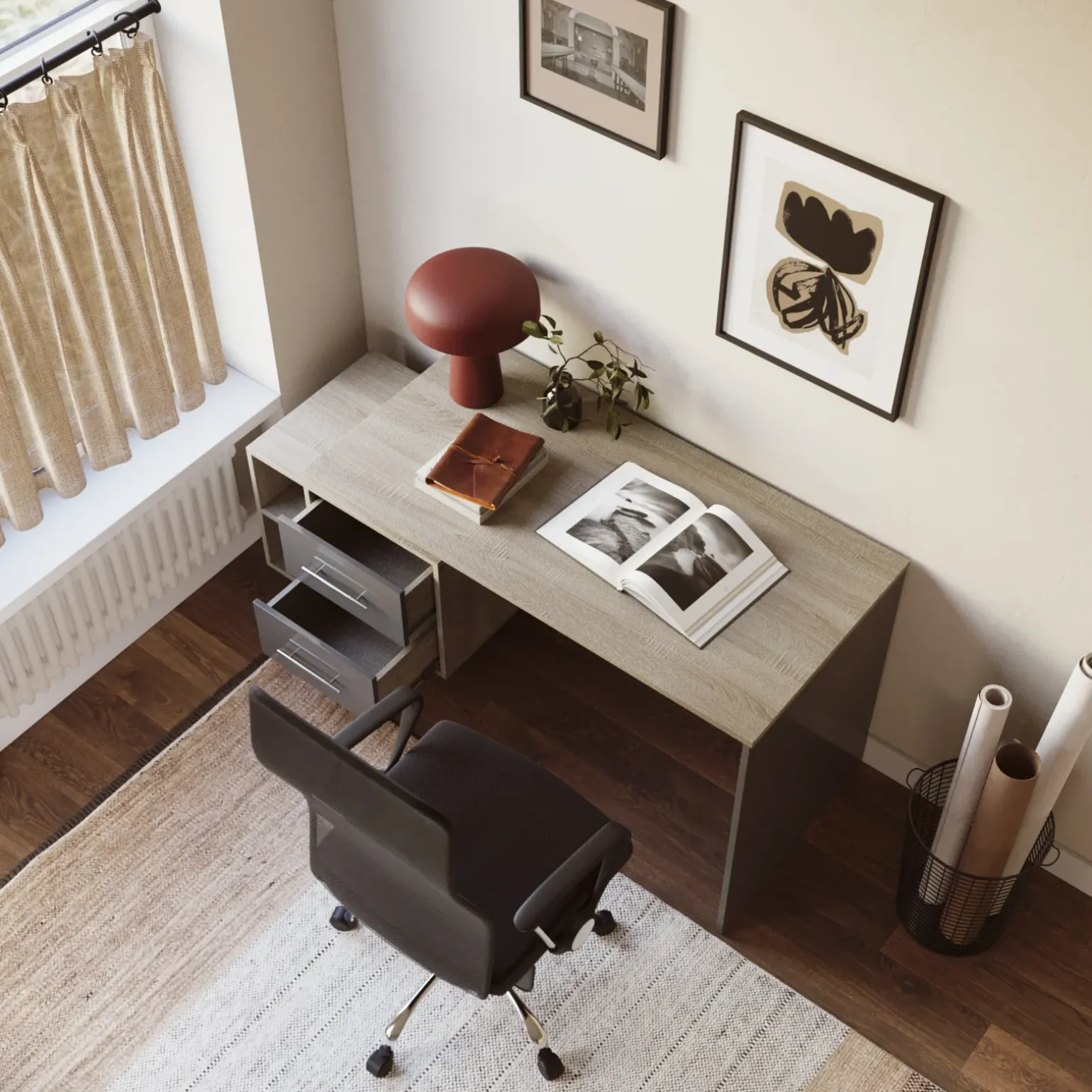 Scrivania ufficio 148x60cm con cassettiera rovere antracite lucido Time Y