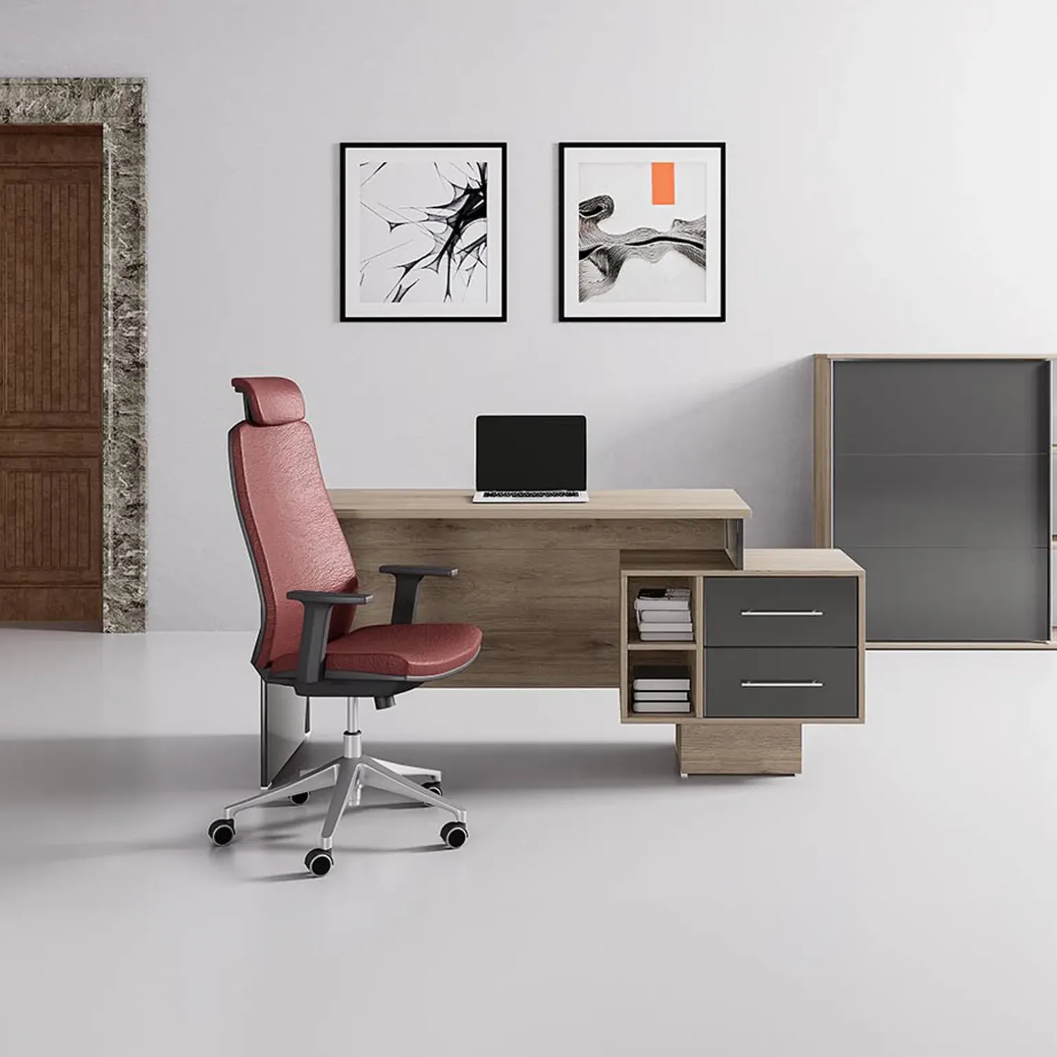 Scrivania ufficio 148x60cm con cassettiera rovere antracite lucido Time Y
