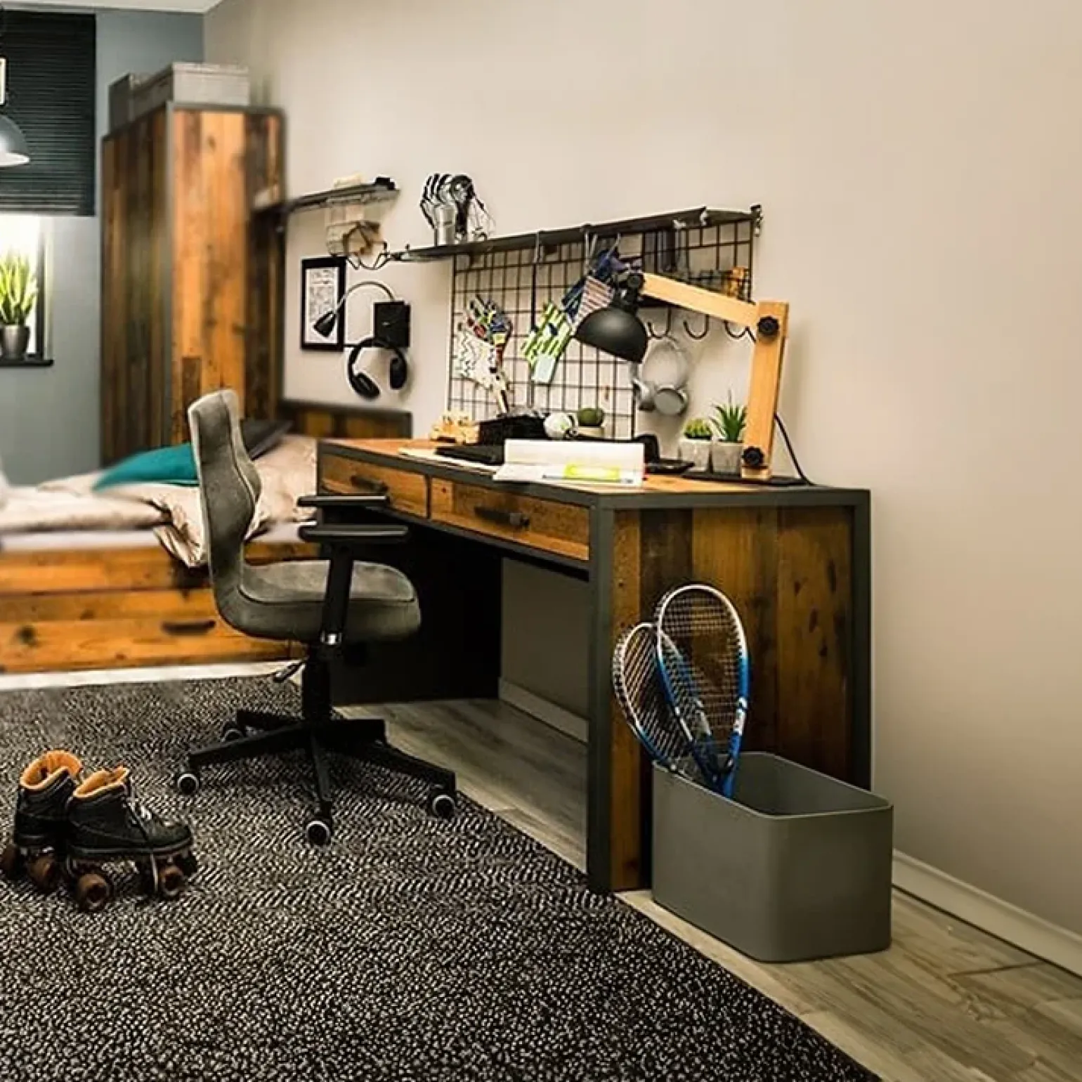 Scrivania 120x76cm 2 cassetti stile soft rovere scuro nero Urbania