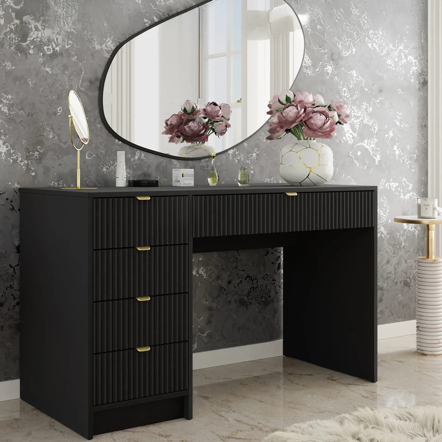 Scrivania 120x55cm con 5 cassetti cannettata nero Athena