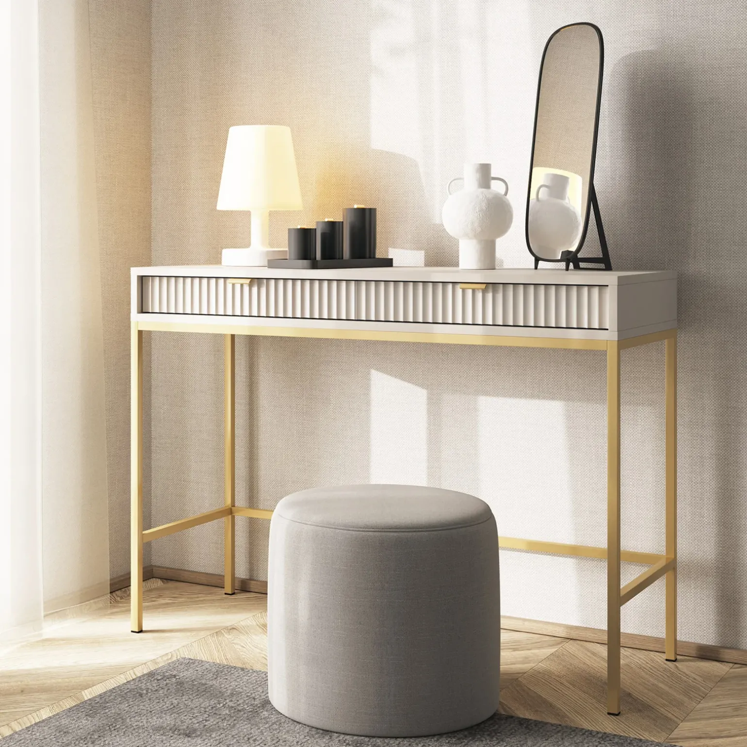Scrivania 104x77cm consolle ingresso 2 cassetti moderna beige Alisa