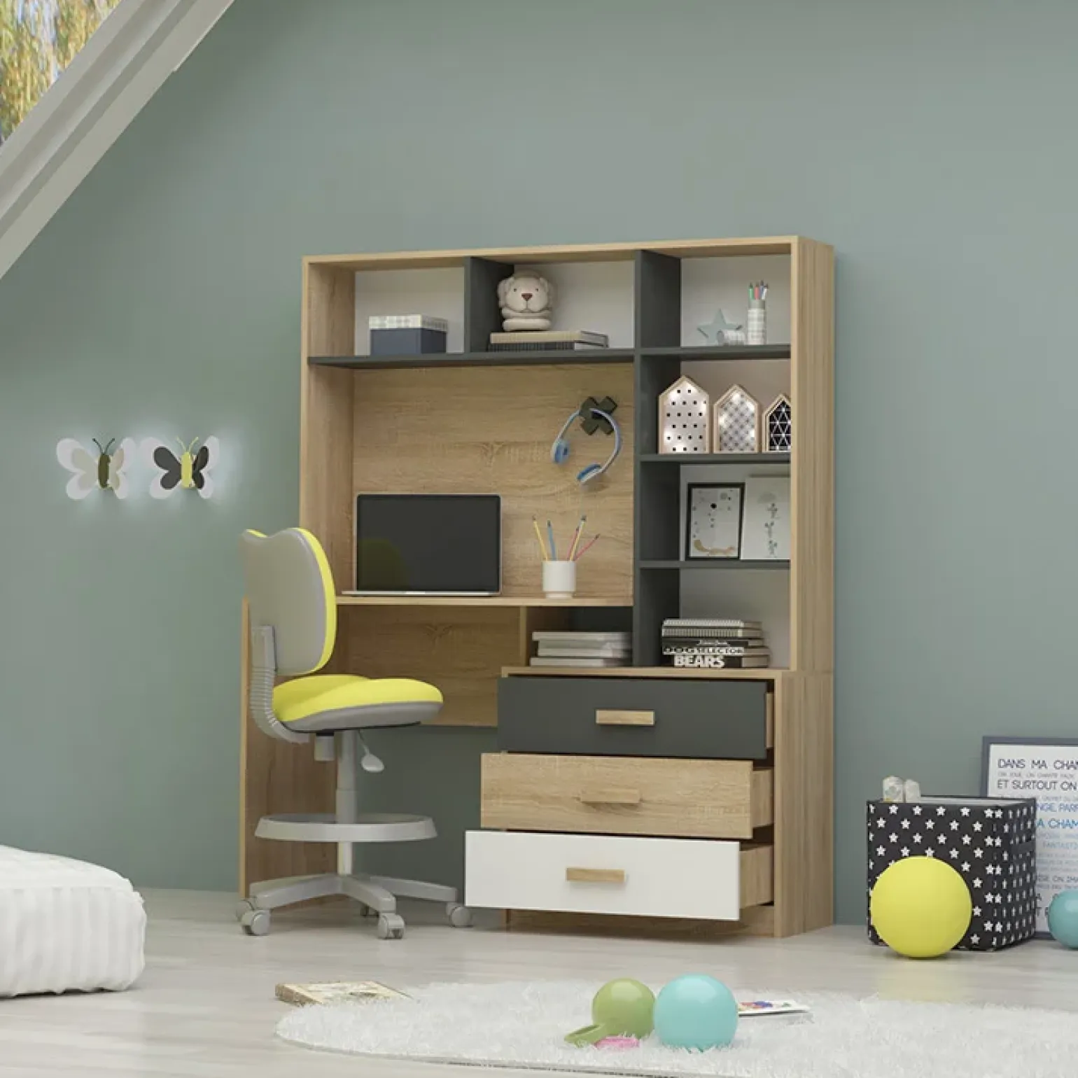 Scrivania 130x160cm moderna con cassetti rovere antracite bianco Chiaretto