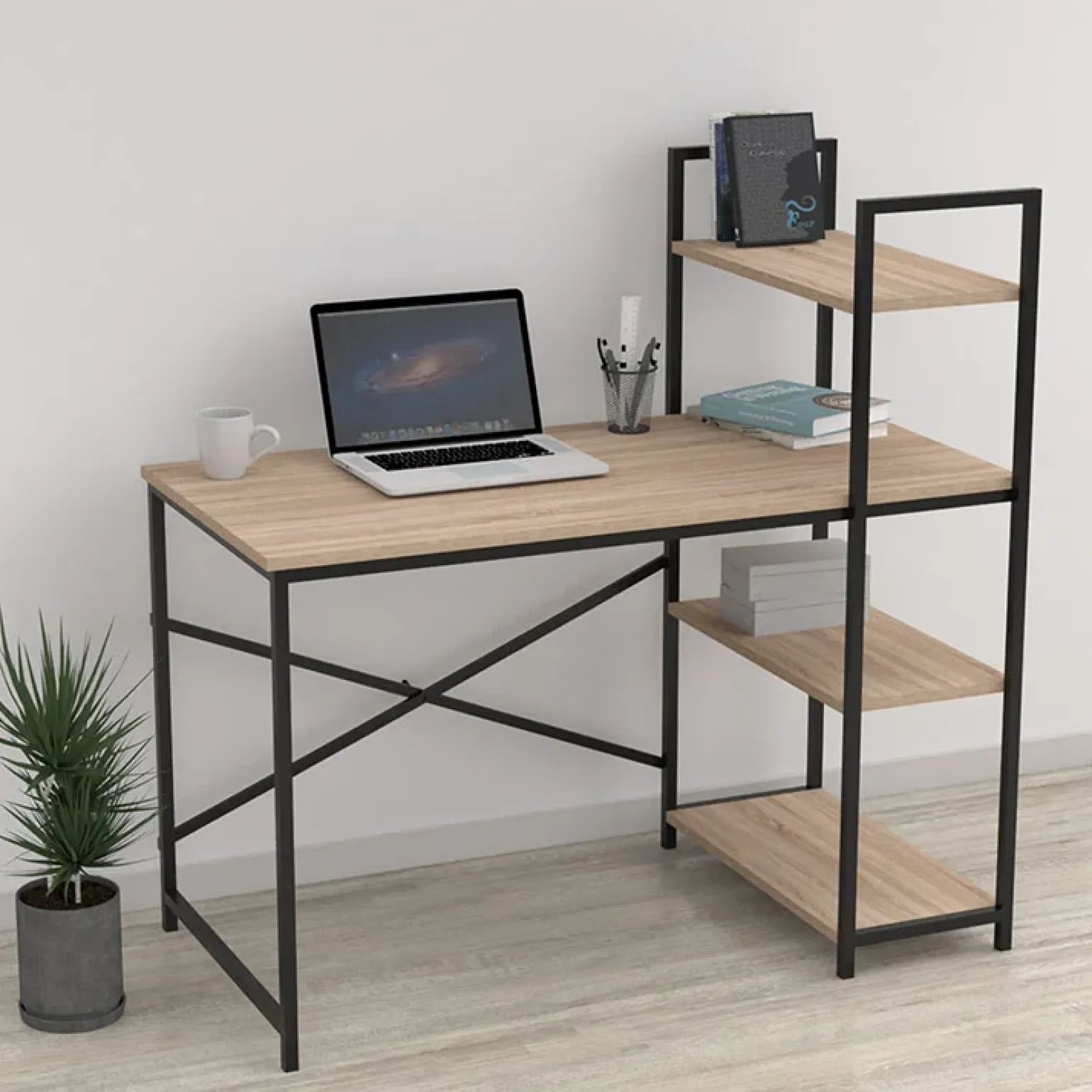 Scrivania 120x120cm moderna con libreria rovere Patricia