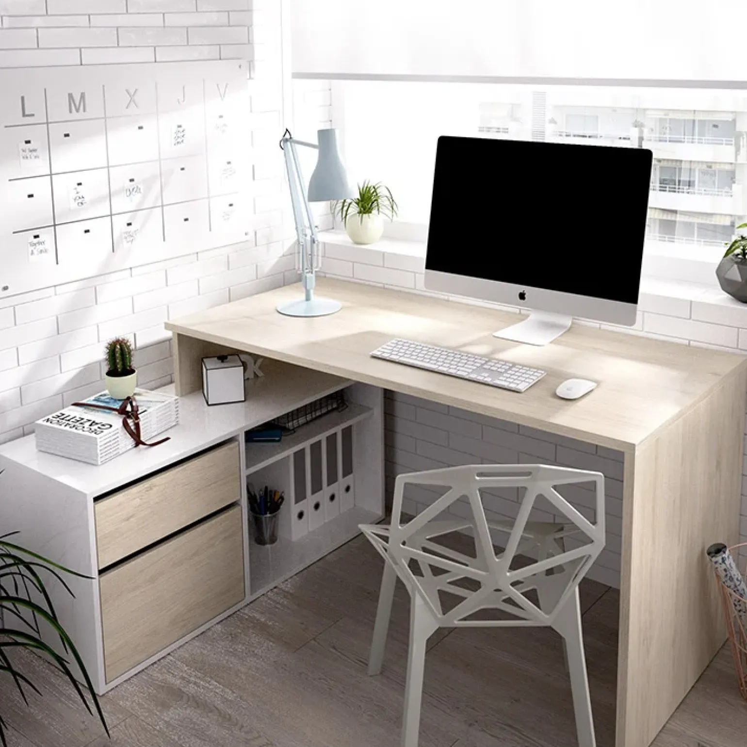 Scrivania 139x92cm ufficio angolare bianco lucido rovere Teddy