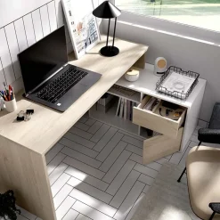 Scrivania 139x92cm ufficio angolare bianco lucido rovere Teddy