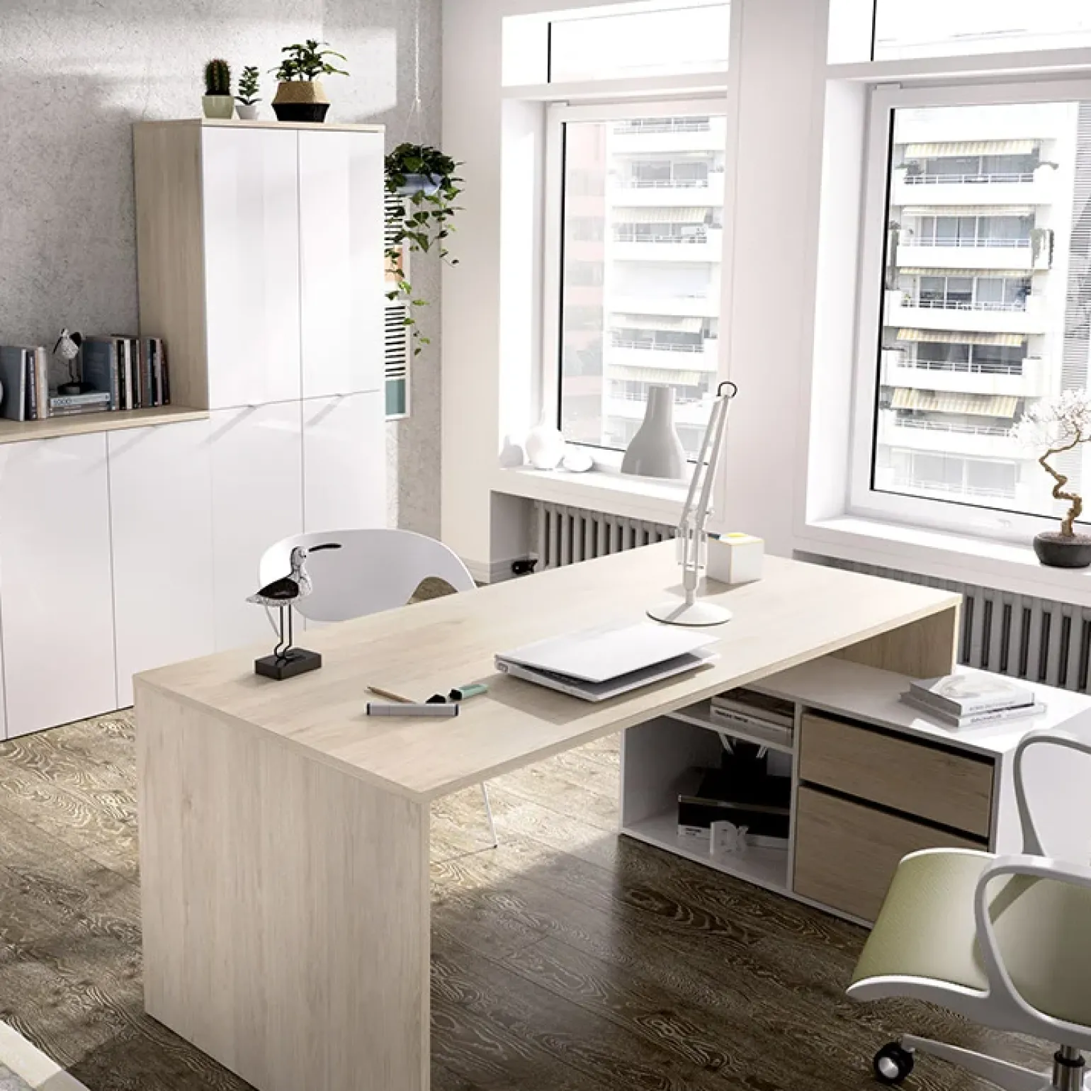 Scrivania 139x92cm ufficio angolare bianco lucido rovere Teddy