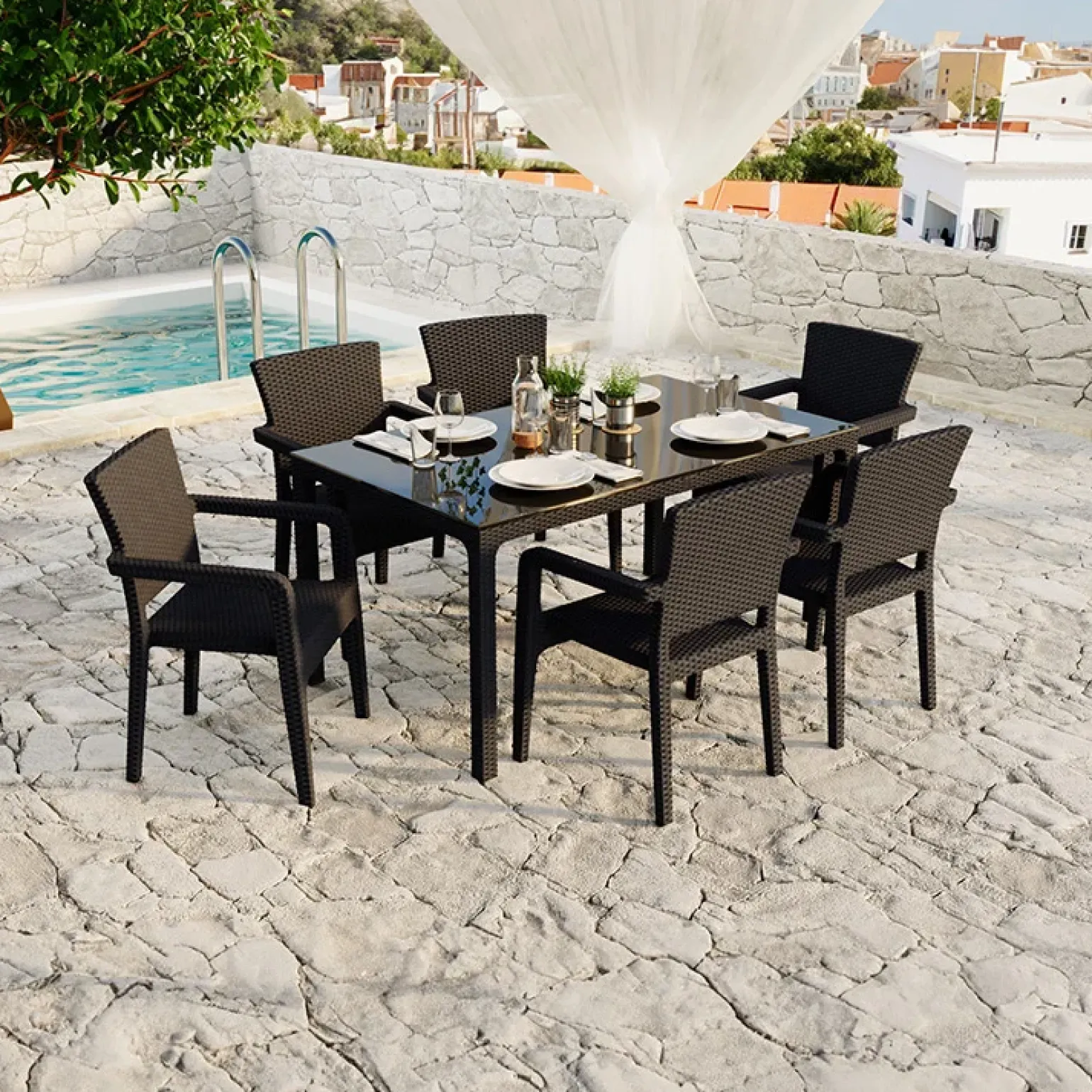 Sedia da giardino esterno bar dehors con braccioli polipropilene effetto rattan marrone scuro Maddy