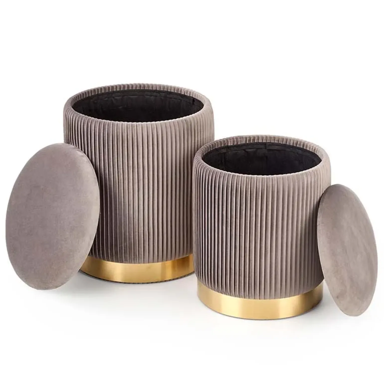 Set 2 pouf rotondi contenitore in velluto acciaio cromato oro Cubal