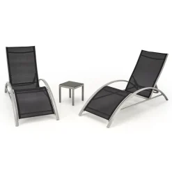 Set 2 sdraio da giardino con tavolino relax nero grigio Marea